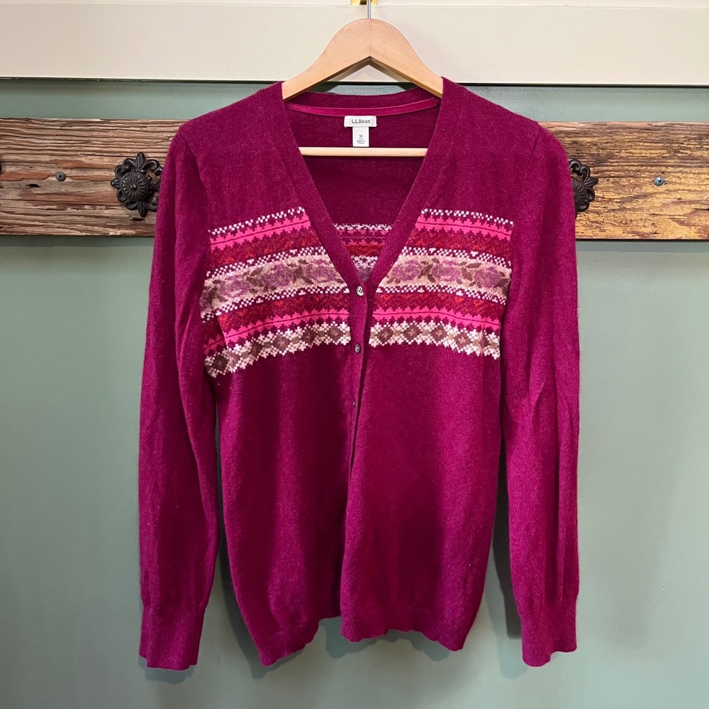 LL Bean Womens Magenta Fair Isle Cardigan Lambswool Cashmere Angora Sweater M